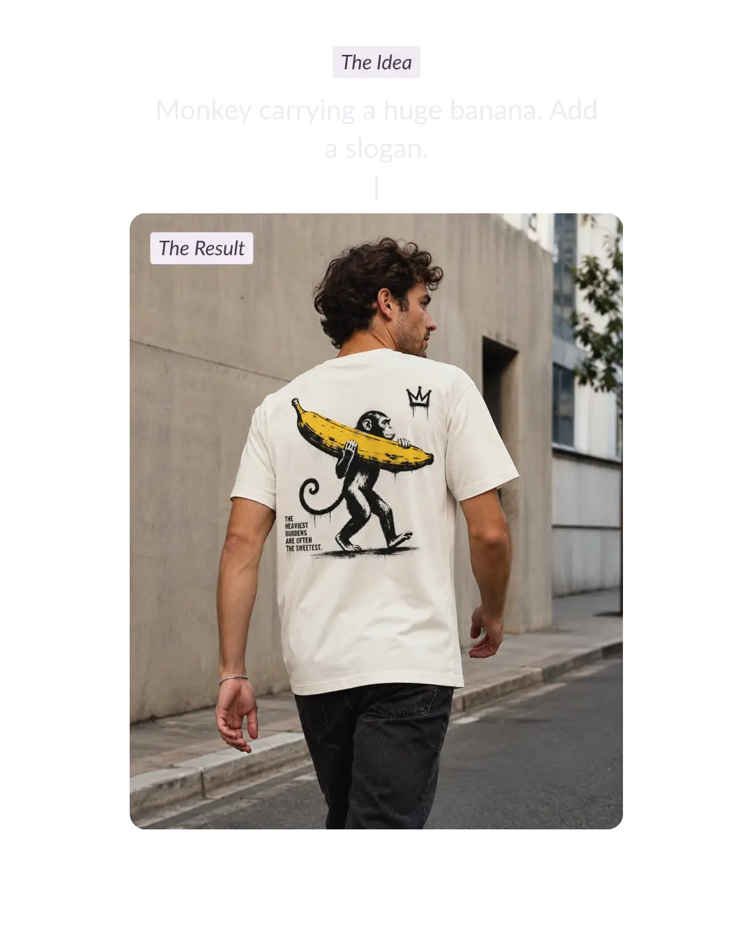 Product image 1 – AI-designed T-shirt with a monkey carrying a huge banana printed on the back