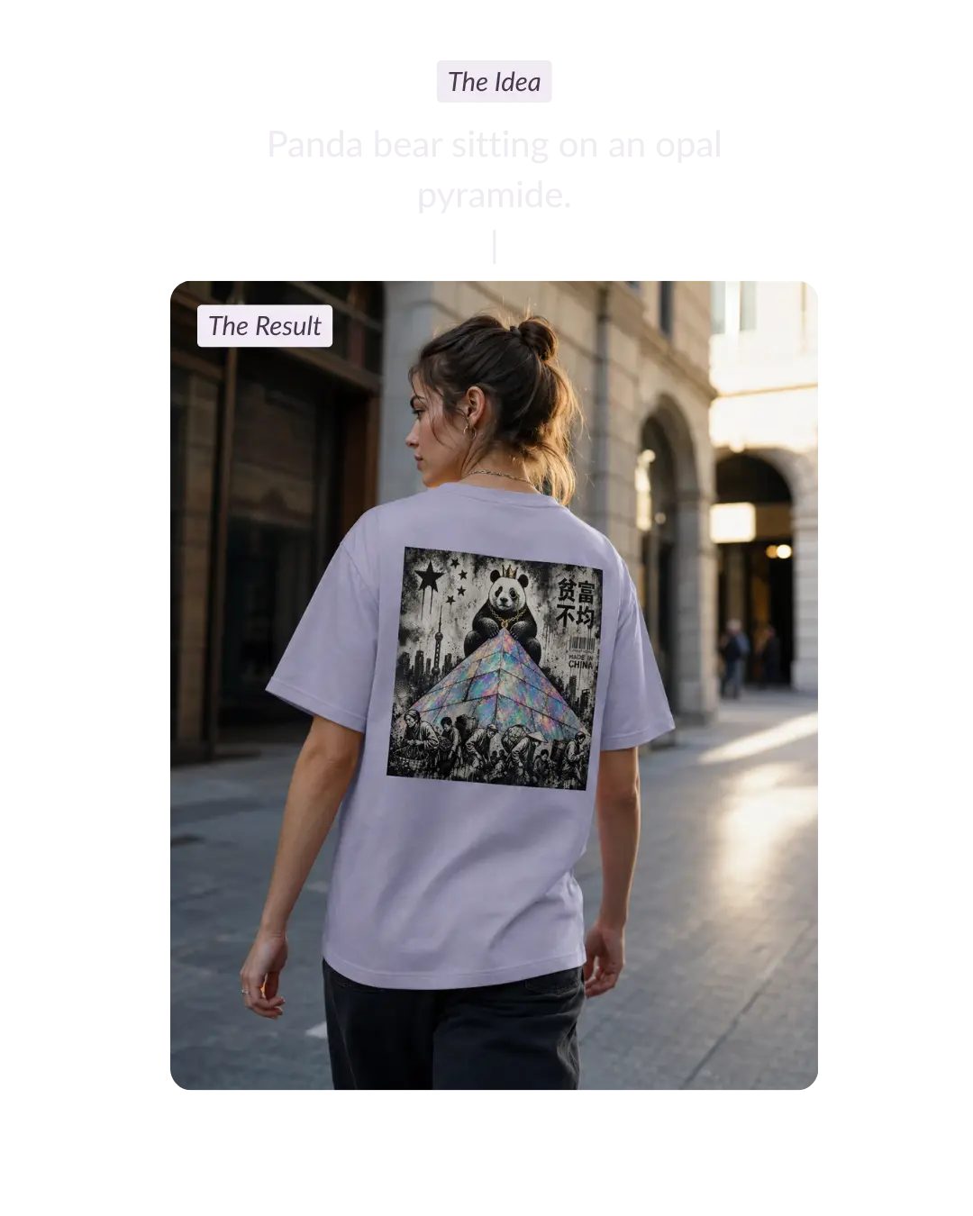 Product image 2 – lilac AI-designed T-shirt with a panda bear sitting on an opal pyramid printed on the back