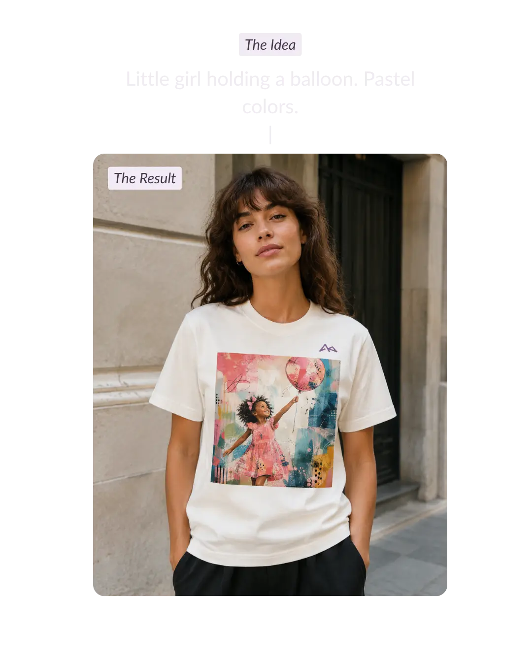 Product image 3 – white AI-designed T-shirt with a pastel print of a little girl holding a balloon