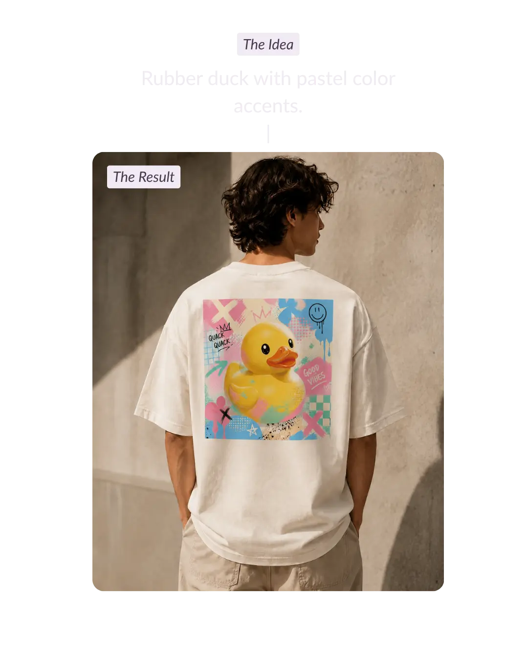 Product image 4 – AI-designed T-shirt with a yellow rubber duck and pastel accents printed on the back